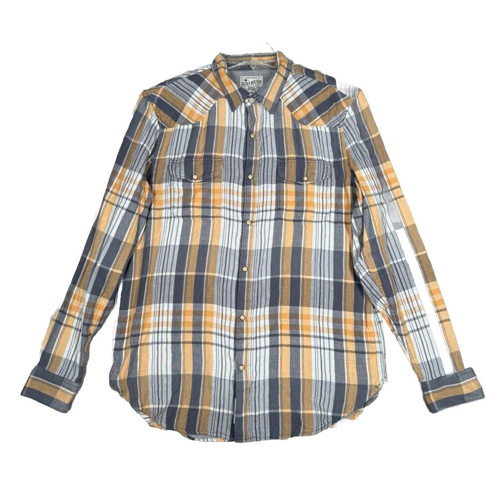 Lucky Brand Shirt Mens Large Yellow Gray Plaid Flannel Button Up Country Rustic